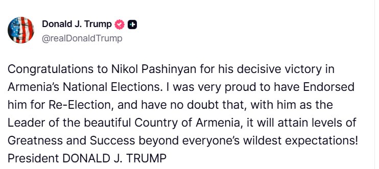 Дональд Трамп поздравил Никола Пашиняна с победой на выборах в Армении: реакция в Сюникской области